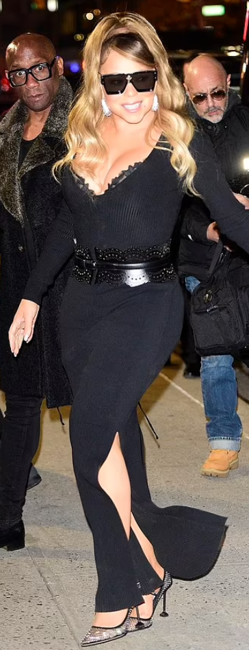 Who made Mariah Carey's black dress, sunglasses, wide belt, and crystal  pumps? – OutfitID