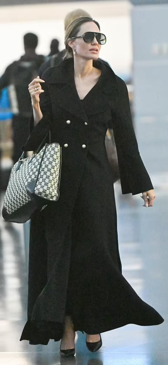 Who made Angelina Jolie's black sunglasses and print handbag
